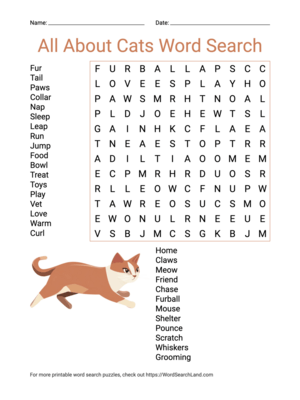 Printable All About Cats Word Search (PDF & PNG)