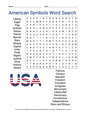 Printable Independence Day American Symbols Word Search (PDF & PNG)