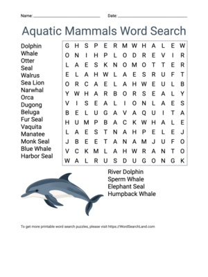 Printable Aquatic Mammals Word Search (PDF & PNG)