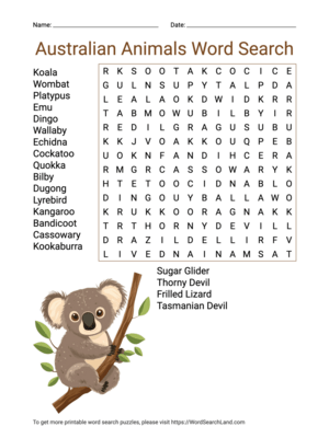 Printable Australian Animals Word Search (PDF & PNG)