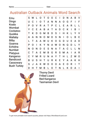 Printable Australian Outback Animals Word Search (PDF & PNG)