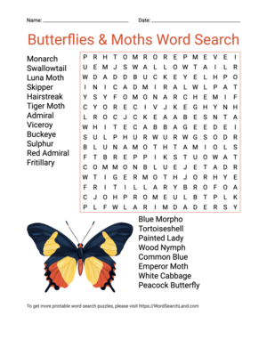 Printable Butterflies & Moths Word Search (PDF & PNG)