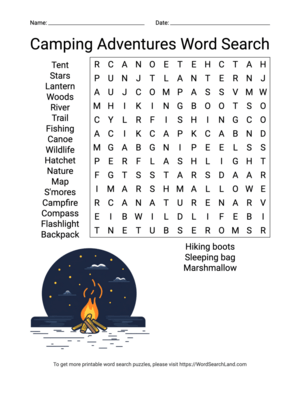 Printable Camping Adventures Word Search (PDF & PNG)