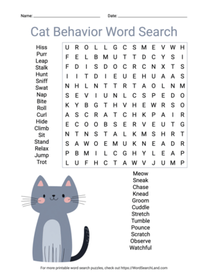 Printable Cat Behavior Word Search (PDF & PNG)