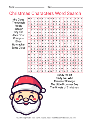 Printable Christmas Characters Word Search(PDF & PNG)