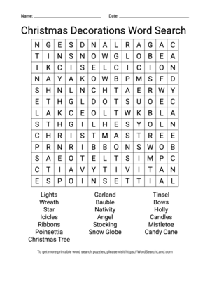 Printable Christmas Decorations Word Search (PDF & PNG)