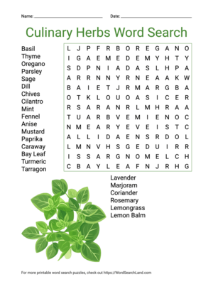 Printable Culinary Herbs Word Search (PDF & PNG)