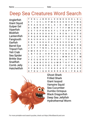 Printable Deep Sea Creatures Word Search (PDF & PNG)