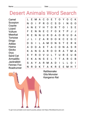 Printable Desert Animals Word Search (PDF & PNG)