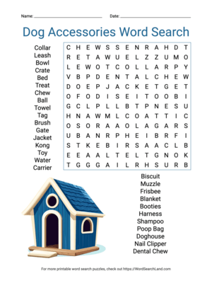 Printable Dog Accessories Word Search (PDF & PNG)