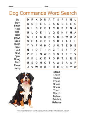 Printable Dog Commands Word Search (PDF & PNG)