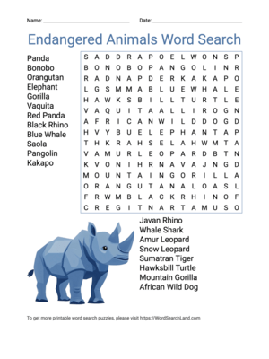 Printable Endangered Animals Word Search (PDF & PNG)