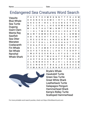 Printable Endangered Sea Creatures Word Search (PDF & PNG)