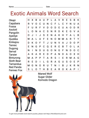 Printable Exotic Animals Word Search (PDF & PNG)