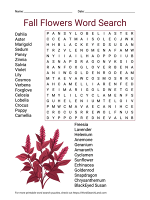 Printable Fall Flowers Word Search (PDF & PNG)