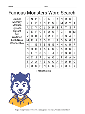 Printable Famous Monsters Word Search (PDF)