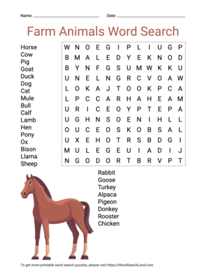 Printable Farm Animals Word Search (PDF & PNG)