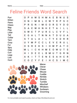 Printable Feline Friends Word Search (PDF & PNG)