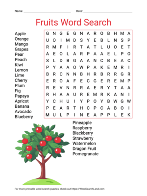 Printable Fruits Word Search (PDF & PNG)