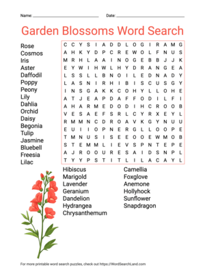 Printable Garden Blossoms Word Search (PDF & PNG)