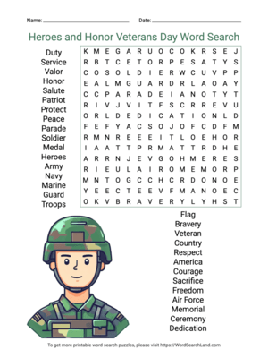 Printable Heroes and Honor Veterans Day Word Search (PDF & PNG)