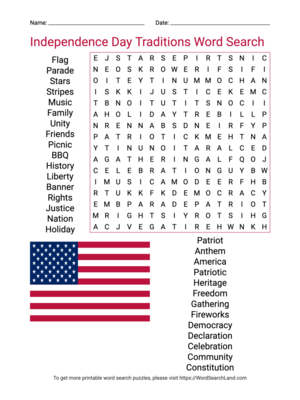 Printable Independence Day Traditions Word Search (PDF & PNG)