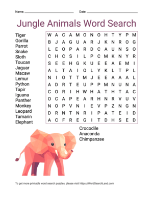 Printable Jungle Animals Word Search (PDF & PNG)