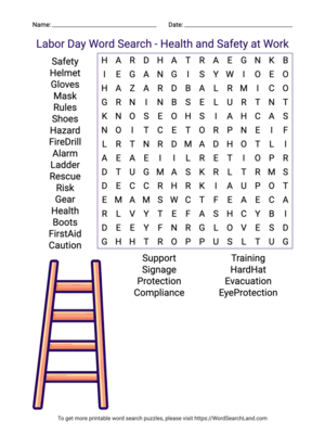 Printable Labor Day Word Search - Health and Safety at Work (PDF & PNG)