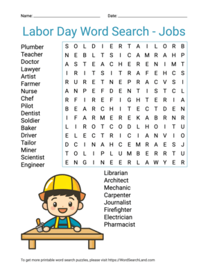 Printable Labor Day Word Search - Jobs (PDF & PNG)