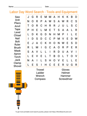 Printable Labor Day Word Search - Tools and Equipment (PDF & PNG)