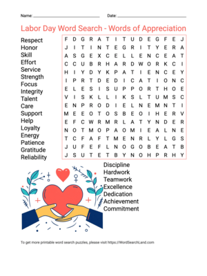 Printable Labor Day Word Search - Words of Appreciation (PDF & PNG)