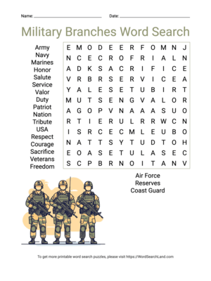 Printable Military Branches Word Search (PDF & PNG)