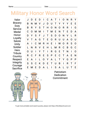 Printable Military Honor Word Search (PDF & PNG)