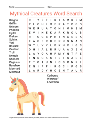 Printable Mythical Creatures Word Search (PDF & PNG)