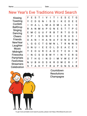 Printable New Year's Eve Traditions Word Search (PDF & PNG)