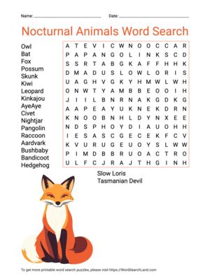 Printable Nocturnal Animals Word Search (PDF & PNG)