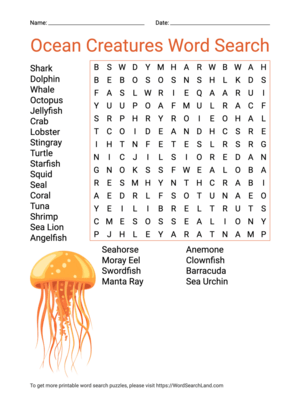 Printable Ocean Creatures Word Search (PDF & PNG)