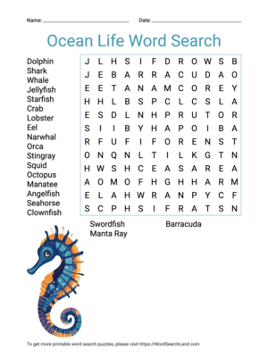 Printable Ocean Life Word Search (PDF & PNG)