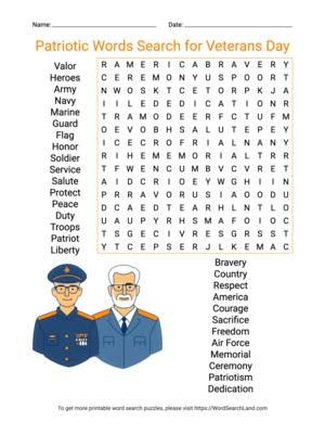 Printable Patriotic Words Search for Veterans Day (PDF & PNG)