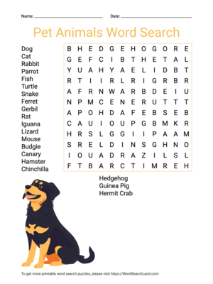 Printable Pet Animals Word Search (PDF & PNG)