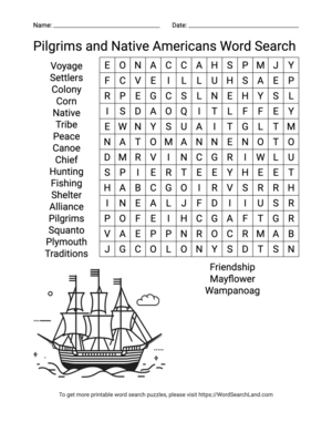 Printable Pilgrims and Native Americans Word Search (PDF & PNG)