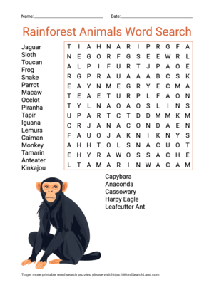 Printable Rainforest Animals Word Search (PDF & PNG)