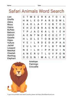 Printable Safari Animals Word Search (PDF & PNG)