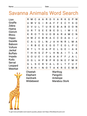 Printable Savanna Animals Word Search (PDF & PNG)