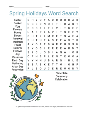 Printable Spring Holidays Word Search (PDF & PNG)