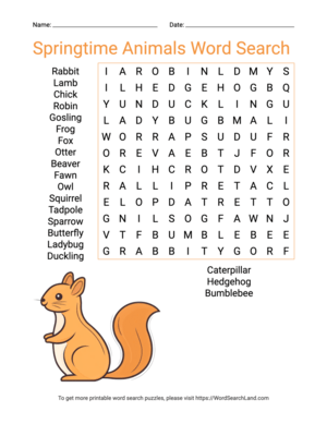 Printable Springtime Animals Word Search (PDF & PNG)