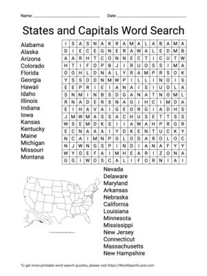 Printable States and Capitals(Partial) Word Search (PDF & PNG)