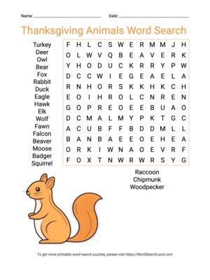 Printable Thanksgiving Animals Word Search (PDF & PNG)