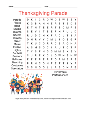 Printable Thanksgiving Parade Word Search (PDF & PNG)