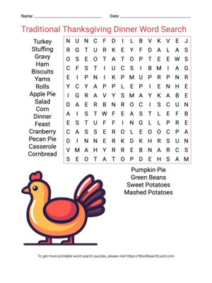 Printable Traditional Thanksgiving Dinner Word Search (PDF & PNG)